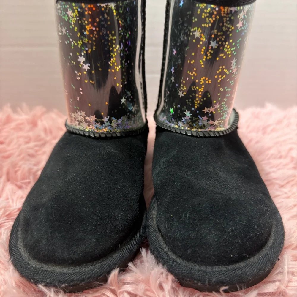 UGG Classic II Clear Glitter Black Shiny‎ Stars Girls Suede Boots Sz 10 EUC